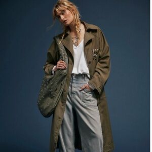 Free People Green Trench Coat with Wide Lapel Collar
